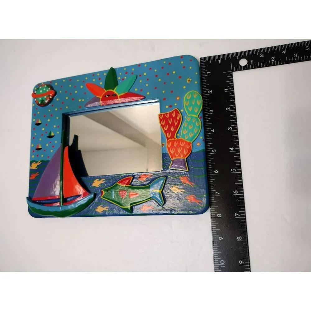Hand Painted Wooden Folk Art Mirror, Miniature Colorful Wall Hanging Decor